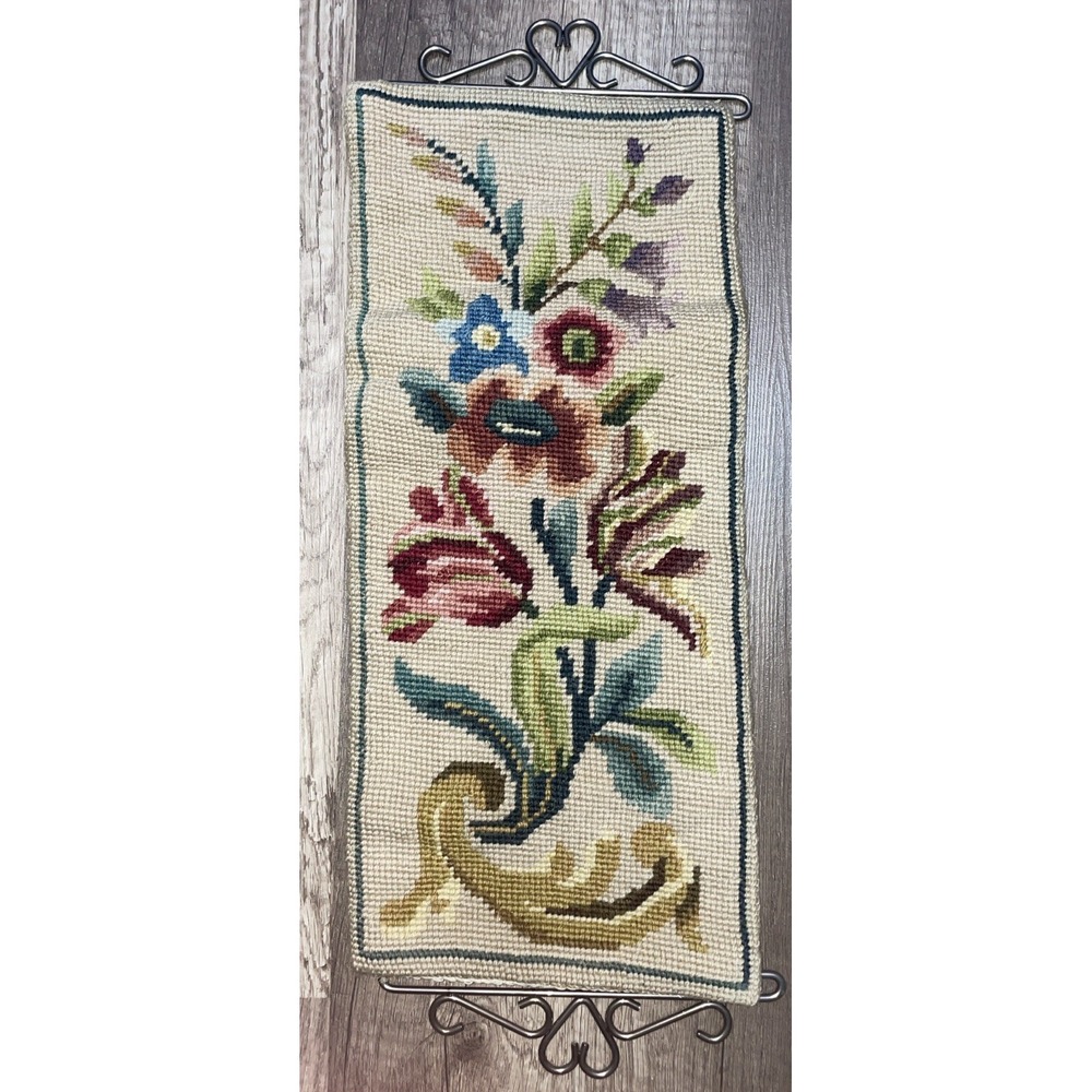 Vtg Tapestry Needlepoint Wall Hanging Floral Metal‎ Hardware 15 in x 7 in